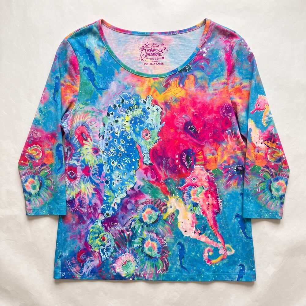 Leoma Lovegrove Womens PXL Coastal Artsy Maximalist Tropical Seahorse Print Top